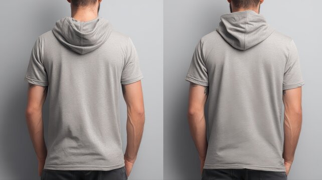 Two views of a person wearing a gray short-sleeve hoodie standing against a plain wall in a casual setting during daytime