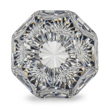 Clear cut crystal glass paperweight with intricate starburst facets on white background