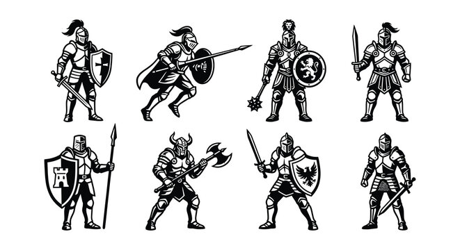 Knights in armor vector set medieval warriors