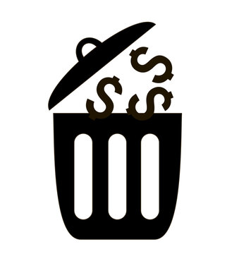 Discarding money into a trash can, representing wasting money or financial loss. Trash can and dollar. Discarded money. Wasted additional costs. Unjustified risk