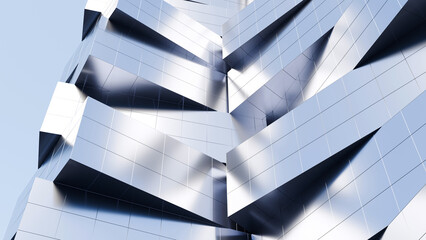 Modern 3D architectural close-up featuring a futuristic skyscraper facade with interlocking silver metallic panels and sharp shadows. Ideal for real estate and corporate web banners © ilham