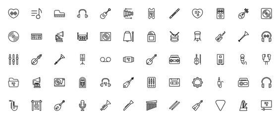 Music icon set. Minimal vector icons pack. Includes Love, Note, Piano, Guitar, Headphones, Drums, Microphone, Vinyl, Saxophone, Trumpet, Cello, Flute, and more. Editable stroke. © wang