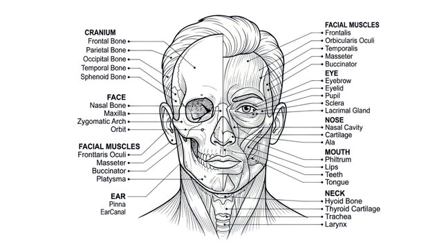 Human Head Anatomy Diagram: Skull, Facial Muscles, Eyes, Nose, Mouth, Neck