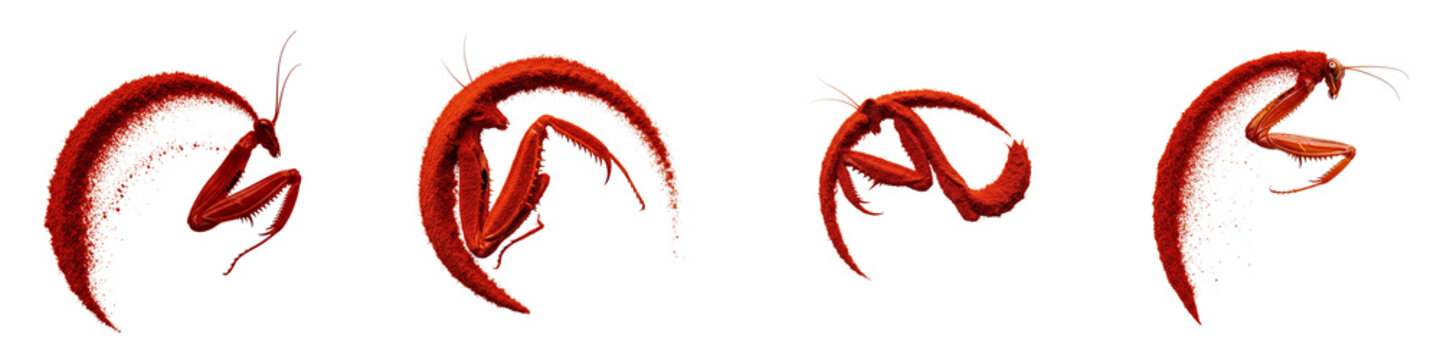 Red mantis insects made of spice powder isolated on black background
