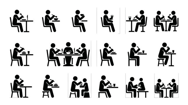 People Eating Icons Set: Dining, Mealtime, Social Gathering, Restaurant Table, Food Service