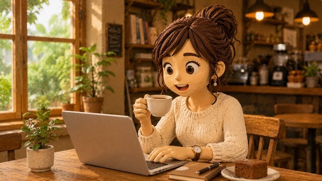 粘土細工の女性がカフェでコーヒーを飲みながらノートパソコンで作業する場面