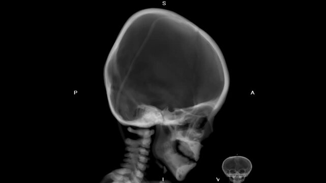 3D CT reconstruction of a pediatric skull demonstrating a ventriculoperitoneal shunt catheter for hydrocephalus management. Derived from real CT imaging data, not AI-generated