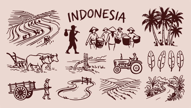 Indonesia travel culture map, traditional island lifestyle sketch, minimalist southeast asian art, clean village scenery illustration, premium indonesian destination vector, isolated travel assets, ic