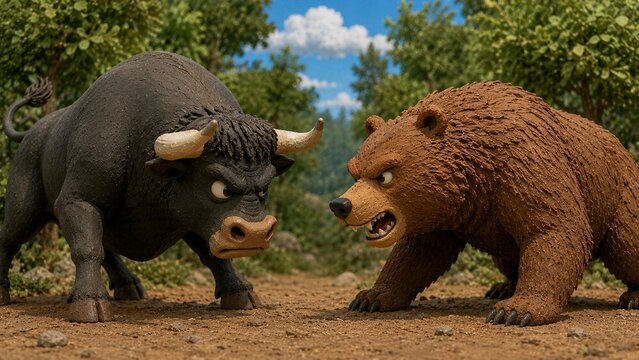 粘土細工の牛とクマが野外で激しく向き合う株式市場の強弱を表した場面