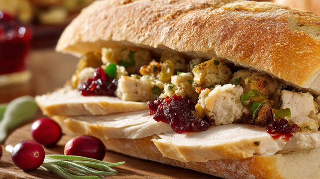 Roasted turkey sandwich with cranberry sauce and herb stuffing on rustic bread sandwich stuffing