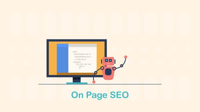 On page SEO meta data display on code compiler, robot holding structured text file for website optimization.