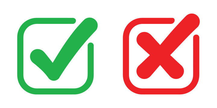 Check Mark Icon Button Set with Green Tick Box and Red Cross Symbols, Yes and No Checkbox Icons, Approval and Decline Signs for User Interface and Validation Design