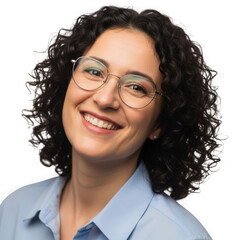 Obraz premium Smiling woman with curly hair and glasses in blue shirt