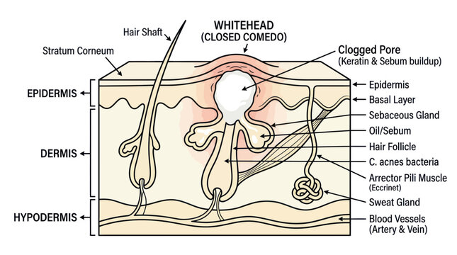 Diagram of a whitehead acne breakout in human skin layers