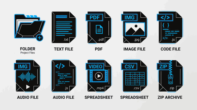 Digital file types icons: folder, text, PDF, image, code, audio, video, spreadsheet, zip