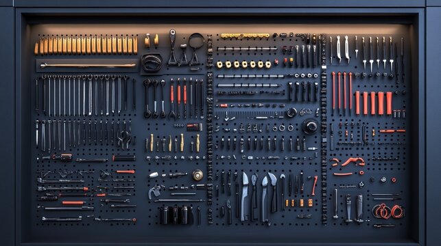 Organized tools displayed on a pegboard