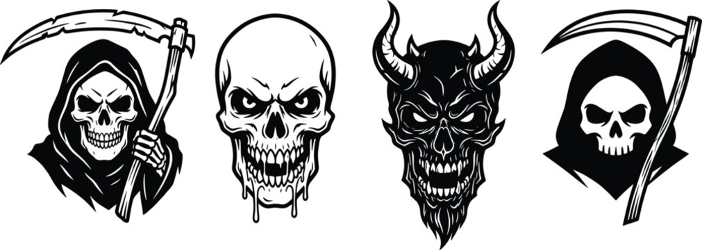 Grim Reaper and Skull Devil Horror Set Black White Vector Illustration for Halloween Tattoo Dark Art Design