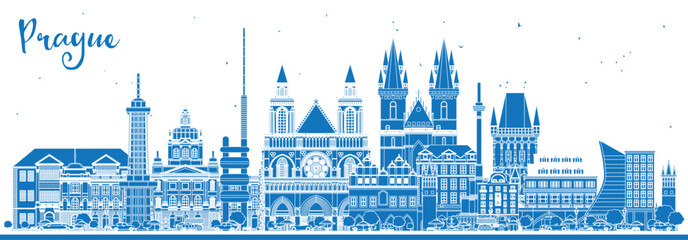 Naklejka premium Outline Prague Czech Republic City Skyline with Blue Buildings. Business Travel and Tourism Concept with Historic Architecture. Prague Cityscape with Landmarks.