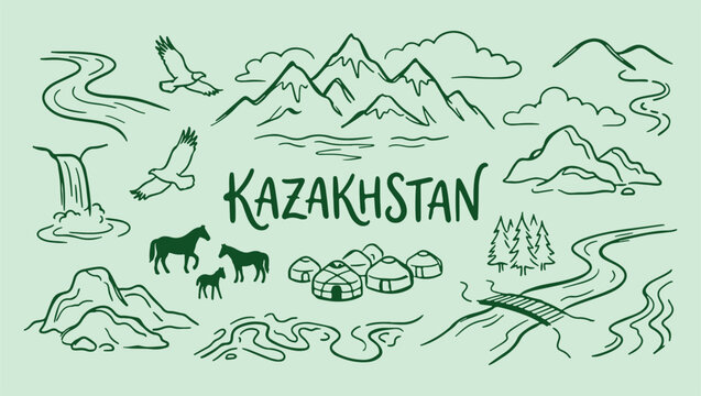 Kazakhstan travel culture map, traditional nomadic heritage sketch, minimalist central asian art, clean steppes landscape illustration, premium national destination vector, isolated travel assets, ico