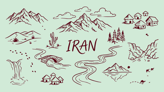 Iran travel doodle map, mountain landscape cultural sketch, minimalist middle eastern art, clean desert scenery illustration, premium iranian destination vector, isolated heritage travel assets, iconi
