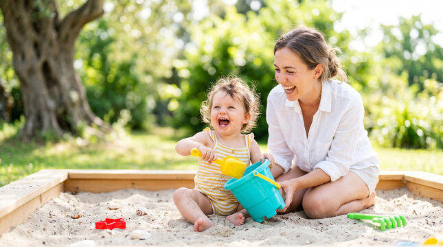 Baby playing with a bucket and shovel alongside mother in sandpit  