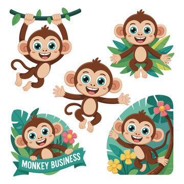 Cute Cartoon Monkey Character Collection Vector Illustration Set. Funny Monkey Mascot Poses Kids Animal Vector Pack.