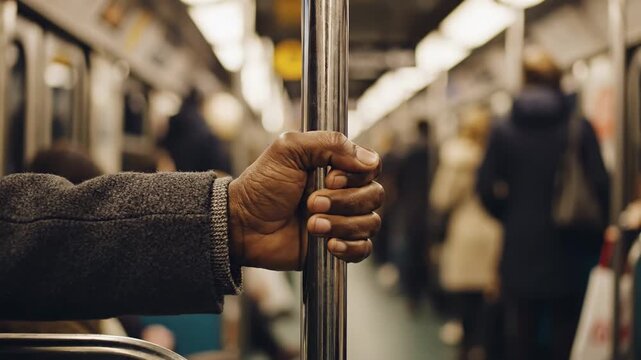 A male commuter holds the vertical metal pole inside a busy city train carriage while traveling home during the evening rush hour in the metropolitan area surrounded by other passengers standing