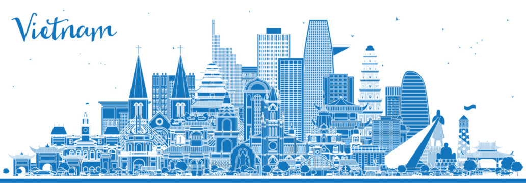 Outline Vietnam City Skyline with Blue Buildings. Illustration. Tourism Concept with Historic Architecture. Vietnam Cityscape with Landmarks. Hanoi. Ho Chi Minh. Haiphong. Da Nang.