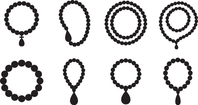 Black prayer beads icon set featuring 8 rosary vector silhouettes, clean spiritual jewelry illustrations for prayer, devotion, religion and sacred symbol design.