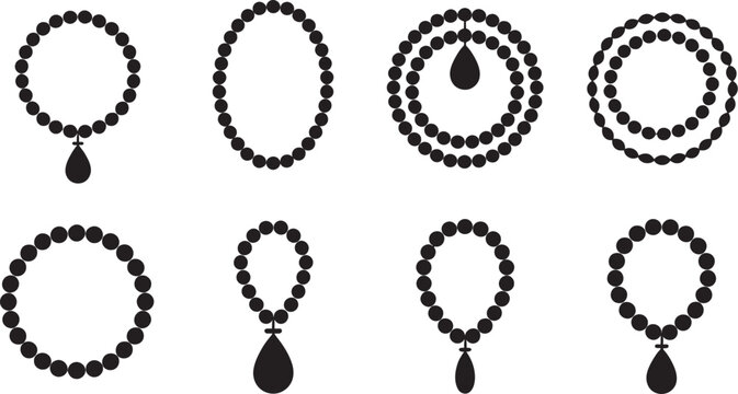 Black prayer beads icon set, 8 religious rosary vector silhouettes, spiritual jewelry collection for faith, worship, meditation and religious design elements.