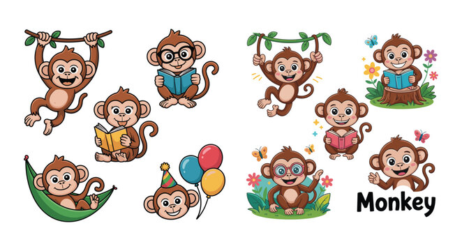 Cute Cartoon Monkey Character Collection Vector Illustration Set. Funny Monkey Mascot Poses Kids Animal Vector Pack.