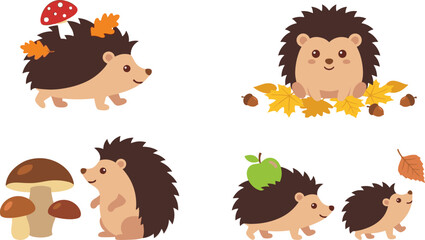 Obraz premium Cute Hedgehog Collection Featuring Forest Animals Autumn Leaves Mushrooms Acorns and Woodland Wildlife Cartoon Vector Illustration Set