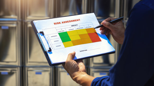 Focused worker checking maintenance holding clipboard for risk assessment review inside server room with serious attention to detail