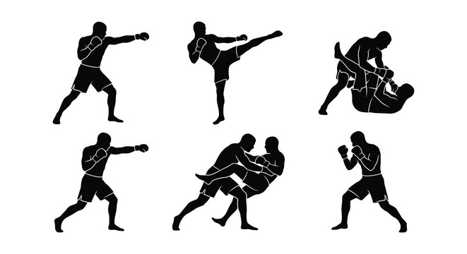 Martial arts silhouettes vector boxing kickboxing fighting