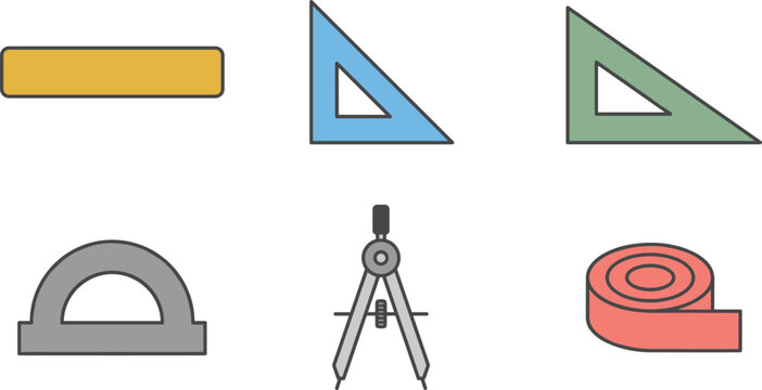 Geometry and Drafting Tools Collection Featuring Ruler Set Squares Protractor Compass and Measuring Tape Vector Illustration Set