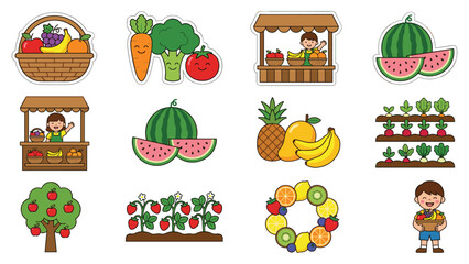 Fototapeta premium Healthy organic food and farming sticker set with fresh fruits vegetables and market stall.