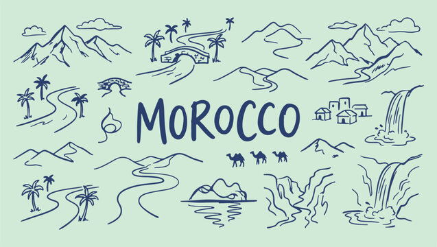 Morocco travel desert doodle, scenic sahara river sketch, minimalist moroccan nature art, clean mountain camel illustration, premium desert destination vector, isolated hiking assets, iconic travel vi