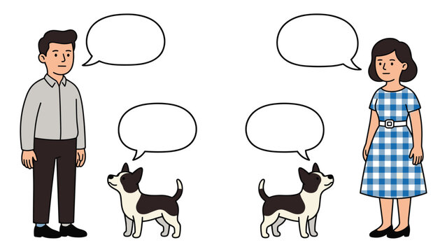 Man and woman with dogs and blank speech bubbles for conversation or thought.