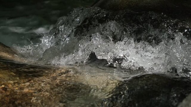Clear mountain stream water splashing over rocks with natural water sound