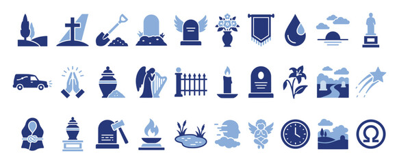 Fototapeta premium Set of funeral icons. Mourning, remembrance, death, burial, cremation, memorial, afterlife symbols. Gravestone, cross, angel, urn, candle, lily, cemetery, funeral car.
