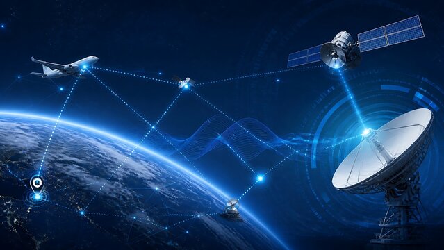 Aerospace communication network concept with satellite orbiting earth and airplane connected by data lines