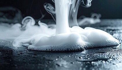 Fototapeta premium Swirling white vapor flows onto a dark, glossy surface, creating a dreamy effect