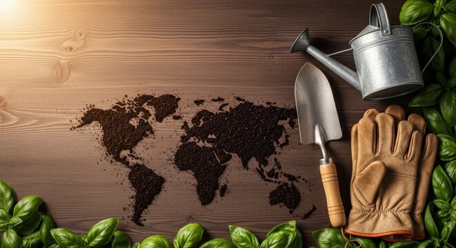 Gardening tools on wooden world map.