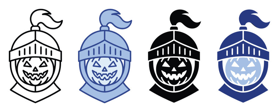 Set of Halloween knight helmet icons. Jackolantern head, medieval armor, spooky warrior, fantasy character symbol. Outline, glyph, solid, line, monochrome, color styles.