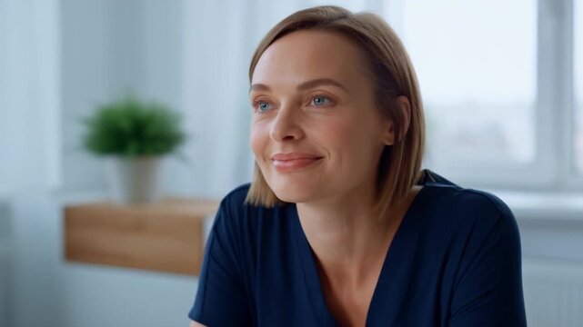 A close-up of a female Caucasian therapist in a bright, minimalist office. Warm empathy and active listening create a safe, trusting space for healing and professional support in a serene Scandinavian