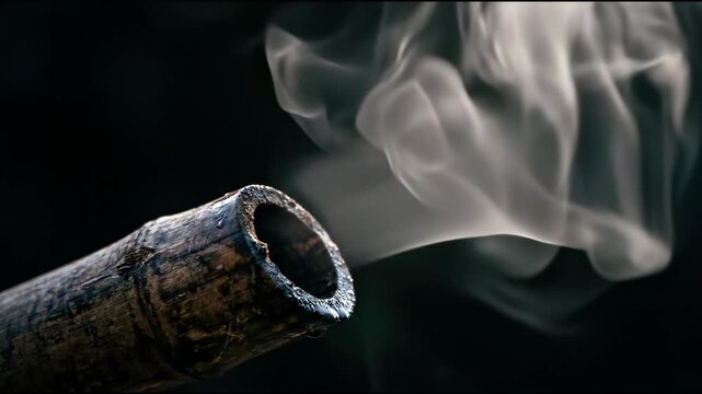 Macro Shot of Ethereal White Smoke Rising from a Rustic Bamboo Pipe on Dark Background