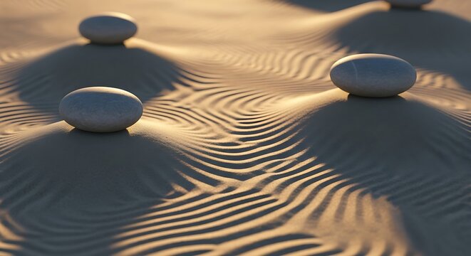 Serene Zen Garden Smooth Stones on Rippled Sand with Soft Sunlight  Tranquility.