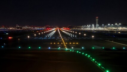 Fototapeta premium Aerial view of an airport runway at night with bright colorful guide lights and city lights in the background