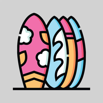 Colorful surfboards standing side by side.