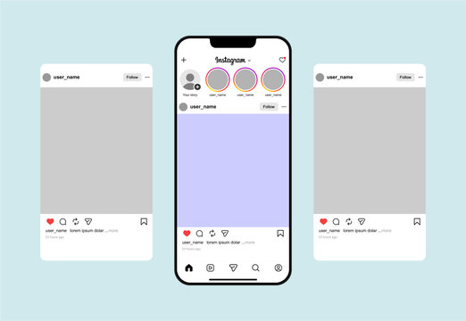 instagram social media post home screen user interface on smartphone mockup. instagram vector template frame layout with latest updates 2026